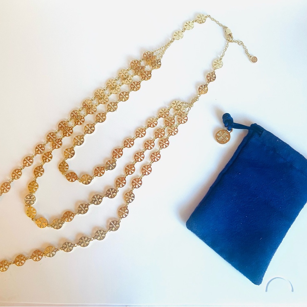 Tory Burch 3 Strand Gold Necklace with Pouch NWOT